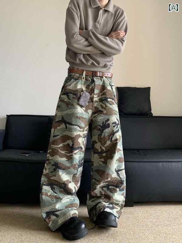 メンズ ファッション 服 男性用 オシャレ シンプル 大人 かっこいい 大きいサイズ ストリート 紳士服 アメリカン レトロ 迷彩 ストレート レッグ ジーンズ ウォッシュ ブラッシュ ワイド ロング パンツ