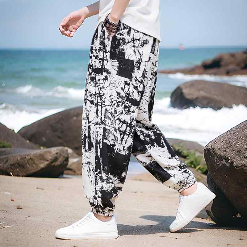 乐天商城 - メンズ ファッション 服 男性用 オシャレ シンプル 大人 かっこいい 大きいサイズ ストリート 紳士服 夏 薄手 プリント リネン レッグ カジュアル パンツ 九分丈 ワイド ランタン