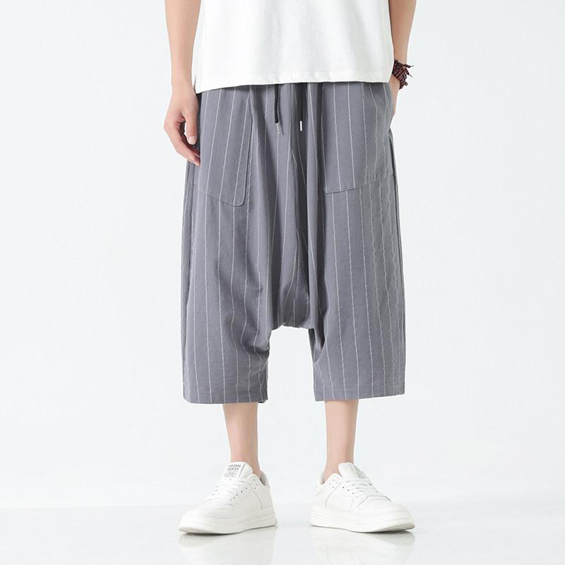 Pants - メンズ ファッション 服 男性用 オシャレ シンプル 大人 かっこいい 大きいサイズ ストリート 紳士服 夏 ストライプ コットンリネン ストレート カジュアル パンツ ロー クロップ パンツ 薄手 ワイド レッグ