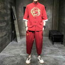 メンズ ファッション 服 男性用 オシャレ シンプル 大人 かっこいい 大きいサイズ ストリート 紳士服 夏 ドラゴン スーツ カジュアル スーツ セット 綿 リネン ディスク バックル クロップド パンツ