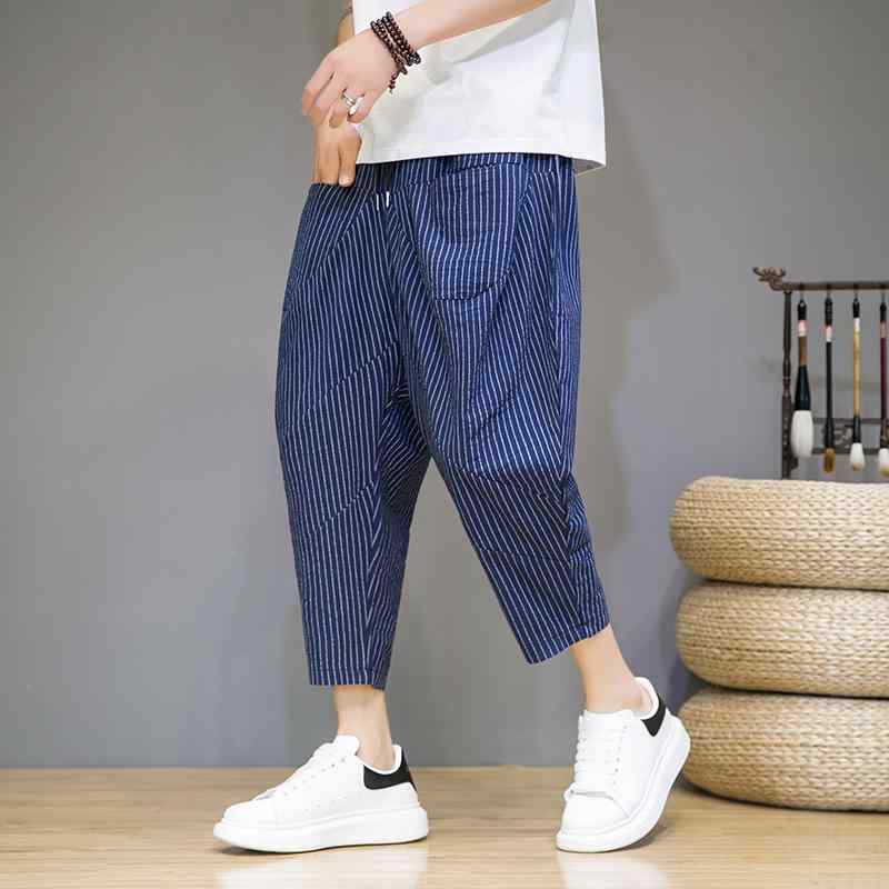 Cropped Pants - メンズ ファッション 服 男性用 オシャレ シンプル 大人 かっこいい 大きいサイズ ストリート 紳士服 夏 薄手 ストライプ クロップド パンツ ワイド レッグ パンツ 綿 リネン