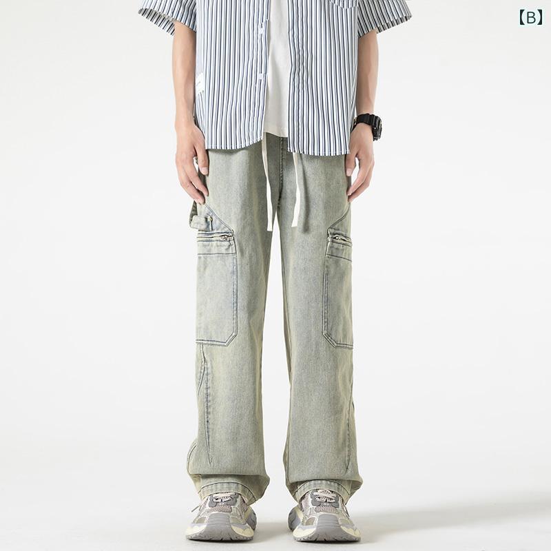 メンズ ファッション 服 男性用 オシャレ シンプル 大人 かっこいい 大きいサイズ ストリート 紳士服 アメリカン ストリート ジーンズ 夏 薄手 ウォッシュ 加工 ワイド レッグ パンツ レトロ ストレート カーゴ パンツ