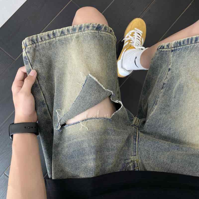 Short, Half Pants - メンズ ファッション 服 男性用 オシャレ シンプル 大人 かっこいい 大きいサイズ ストリート 紳士服 リップド デニム パンツ 夏 ウォッシュ 加工 ダメージ 五分丈 パンツ ストリート カジュアル