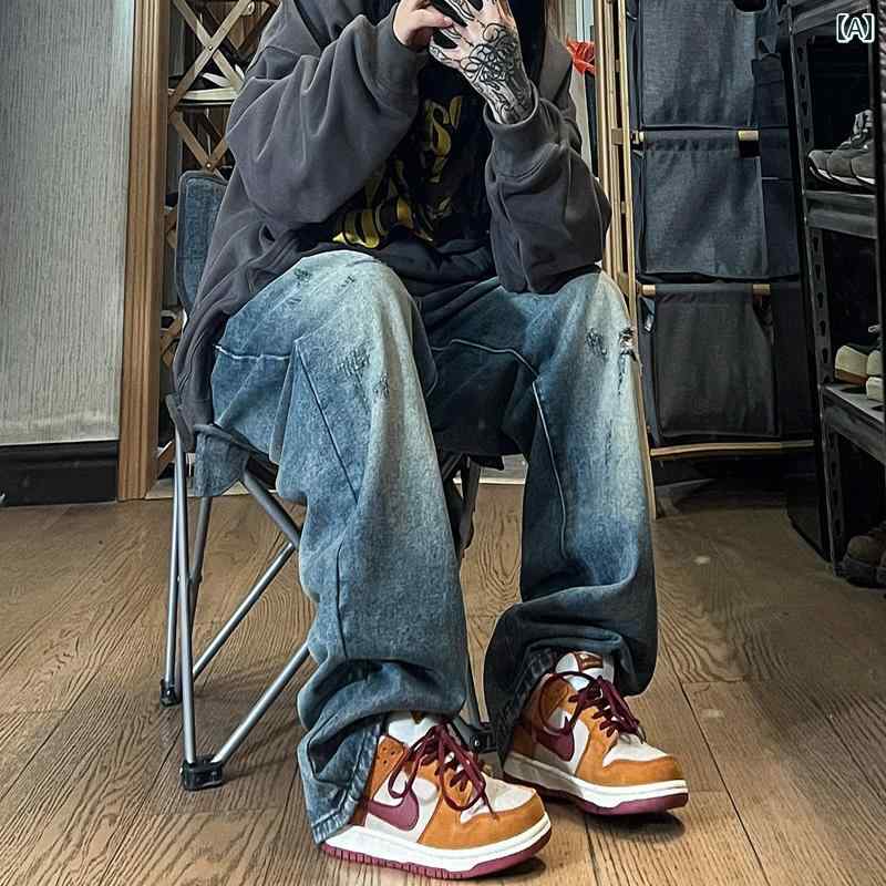 メンズ ファッション 服 男性用 オシャレ シンプル 大人 かっこいい 大きいサイズ ストリート 紳士服 春秋 ファッション ストリート ストレート レッグ ロング パンツ アメリカン レトロ ウォッシュ リップド ジーンズ