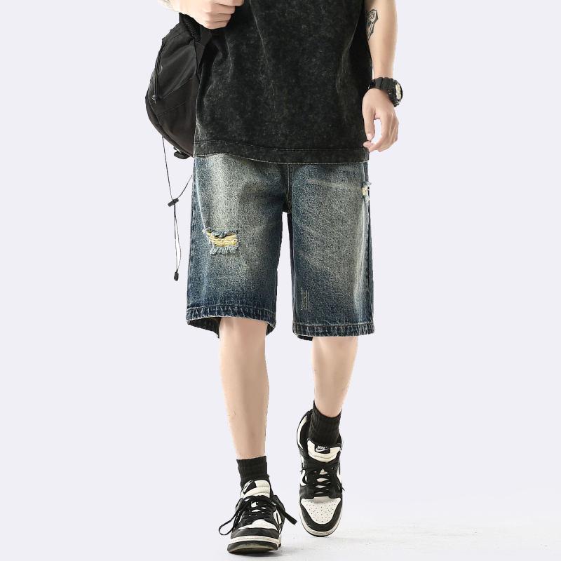 メンズ ファッション 服 男性用 オシャレ シンプル 大人 かっこいい 大きいサイズ ストリート 紳士服 リップド デニム パンツ 夏 ウォッシュ 加工 ミッド パンツ レトロ ストレート レッグ ハーフ