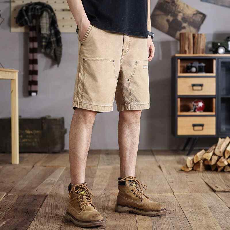 乐天商城 - メンズ ファッション 服 男性用 オシャレ シンプル 大人 かっこいい 大きいサイズ ストリート 紳士服 アーシー イエロー レトロ ウォッシュド 綿 アメリカン ロギング パンツ カジュアル ミディアム 五分丈