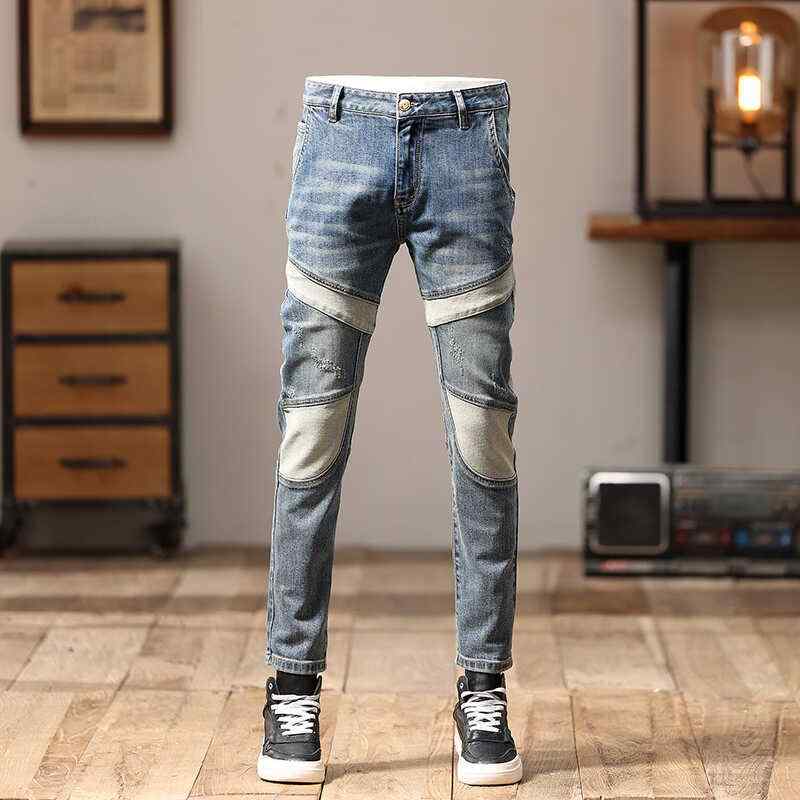 乐天商城 - メンズ ファッション 服 男性用 オシャレ シンプル 大人 かっこいい 大きいサイズ ストリート 紳士服 春秋 カラー レトロ ダメージ 加工 ジーンズ スリムフィット ストレッチ ハイエ カジュアル ライダース パンツ