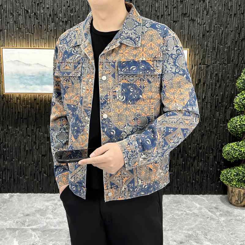 メンズ ファッション 服 男性用 オシャレ シンプル 大人 かっこいい ストリート レトロ デニムジャケット 花柄 ジャケット カジュアル ハイエンド トップ デニム