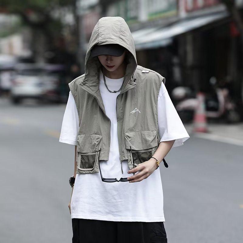 其它 - メンズ ファッション 服 男性用 オシャレ シンプル 大人 かっこいい 大きいサイズ ストリート 紳士服 夏 フード ベスト アメリカン レトロ 機能的 ジッパー ジャケット