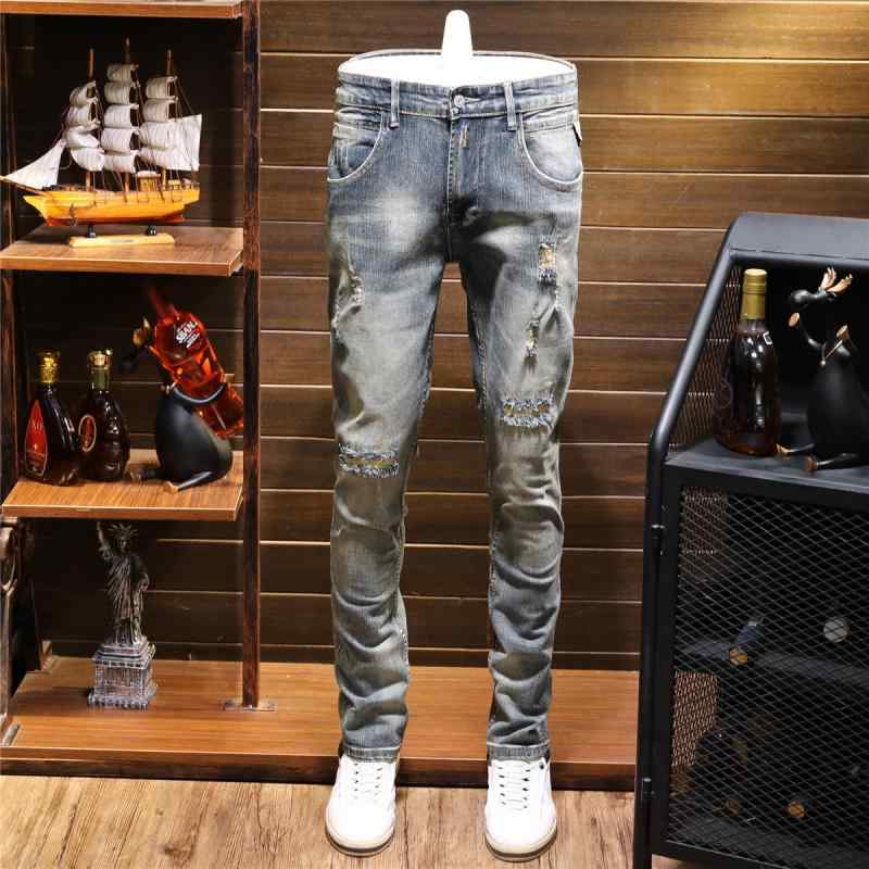 Skinney Pants - メンズ ファッション 服 男性用 オシャレ シンプル 大人 かっこいい 大きいサイズ ストリート 紳士服 春秋 レトロ リップド ジーンズ スリム 裾細 長ズボン ストレッチ