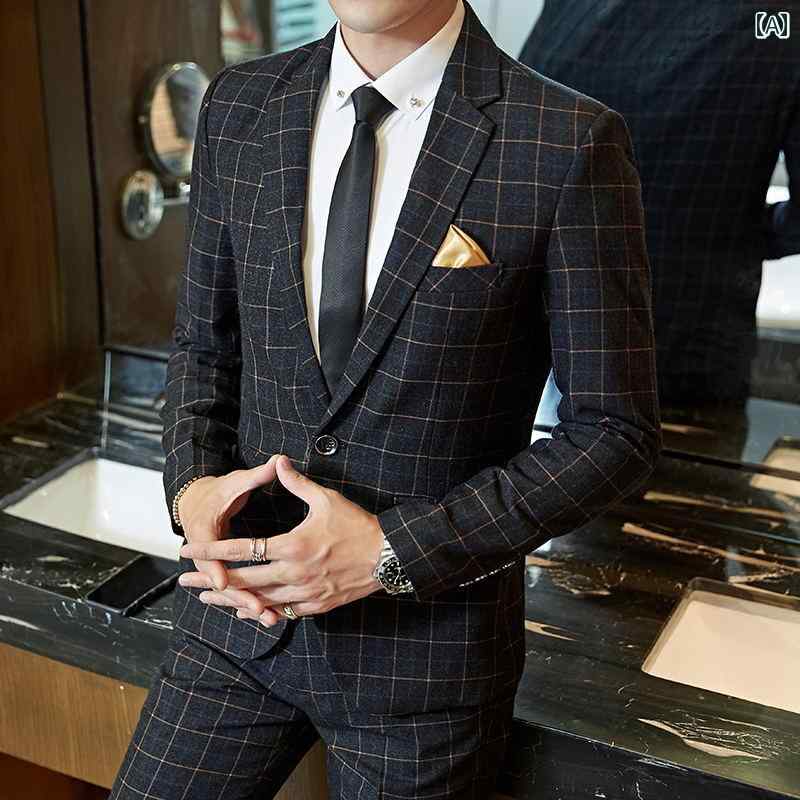 メンズ ファッション 服 男性用 オシャレ シンプル 大人 かっこいい 大きいサイズ ストリート 紳士服 スーツ 結婚式 韓国スタイル スリム チェック柄 ビジネス カジュアル フォーマル