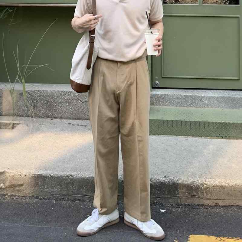 メンズ ファッション 服 男性用 オシャレ シンプル 大人 かっこいい ストリート カーキ色 プリーツ ストレート ビジネス カジュアル パンツ 夏 薄手 ゆったり ワイド レッグ ドレープ ロング