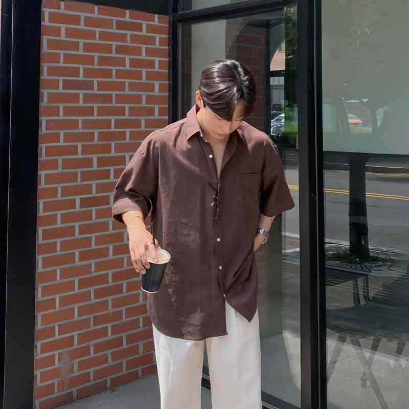 メンズ ファッション 服 男性用 オシャレ シンプル 大人 かっこいい ストリート ブラウン リネン 半袖 シャツ アイロン不要 カジュアル 日焼け防止 ドレープ ジャケット