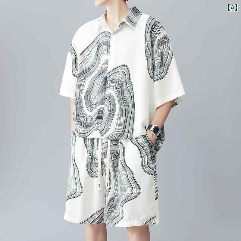 メンズ ファッション 服 オシャレ シンプル 大人 かっこいい 大きいサイズ ストリート 紳士服 夏 ビーチ 半袖 シャツ 涼 スーツ アメリカン レトロ ストライプ セット