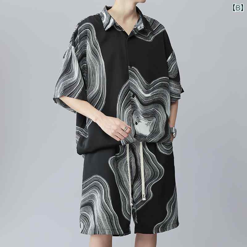 メンズ ファッション 服 オシャレ シンプル 大人 かっこいい 大きいサイズ ストリート 紳士服 夏 ビーチ 半袖 シャツ 涼 スーツ アメリカン レトロ ストライプ セット