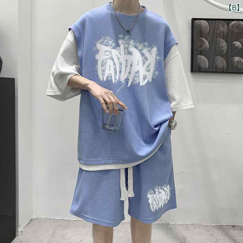 メンズ ファッション 服 オシャレ シンプル 大人 かっこいい 大きいサイズ ストリート 紳士服 半袖 薄手 通気性 パンツ ツーピース 夏 フェイク ワッフル スーツ