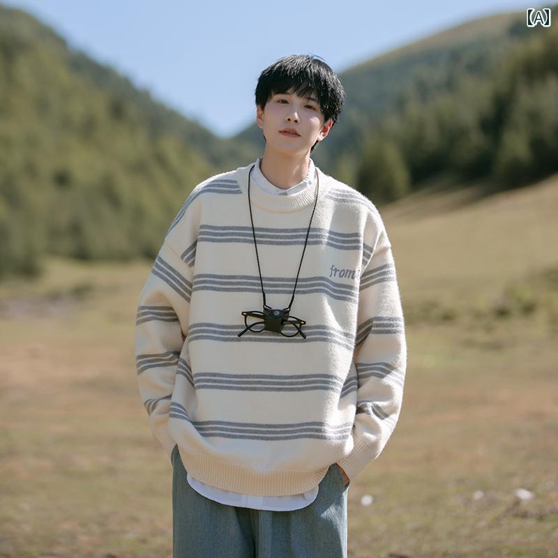 メンズ ファッション 服 オシャレ シンプル 大人 かっこいい 大きいサイズ ストリート 紳士服 ストライプ セーター 秋冬 厚手 暖かい セーター ラウンドネック 長袖