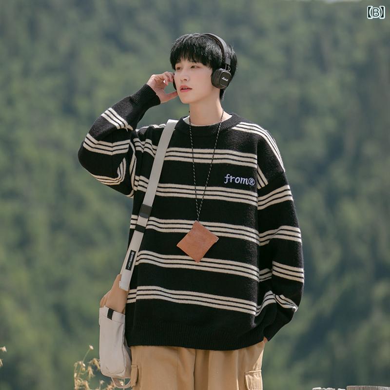 メンズ ファッション 服 オシャレ シンプル 大人 かっこいい 大きいサイズ ストリート 紳士服 ストライプ セーター 秋冬 厚手 暖かい セーター ラウンドネック 長袖