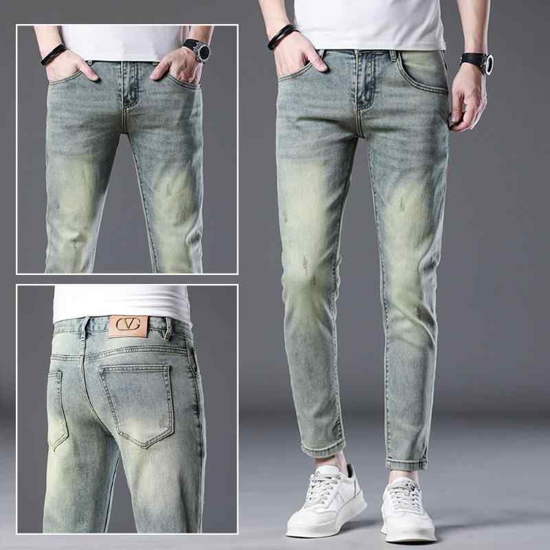 メンズ ファッション 服 オシャレ シンプル 大人 かっこいい 大きいサイズ ストリート 紳士服 ハイエンド ジーンズ 韓国スタイル スリム ストレート レッグ 春 ストレッチ ダメージ 九分丈 パンツ