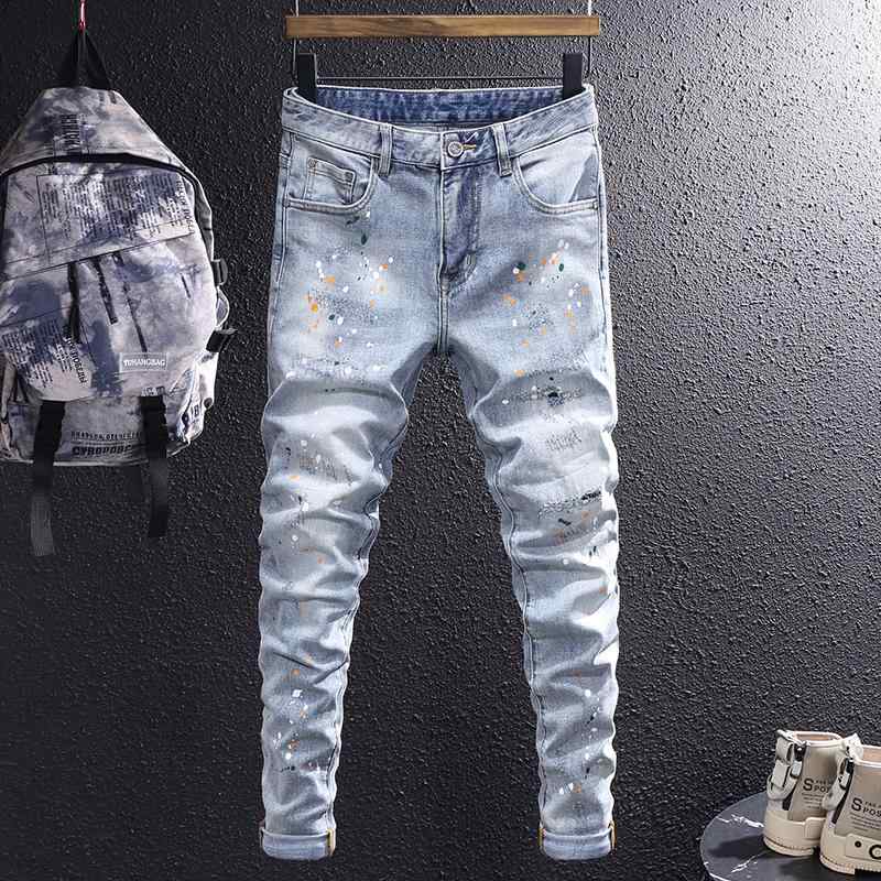 メンズ ファッション 服 オシャレ シンプル 大人 かっこいい 大きいサイズ ストリート 紳士服 秋 ライト ブルー ジーンズ ハイエンド スノーフレーク グラフィティ ウォッシュ スリムフィット ストレッチ