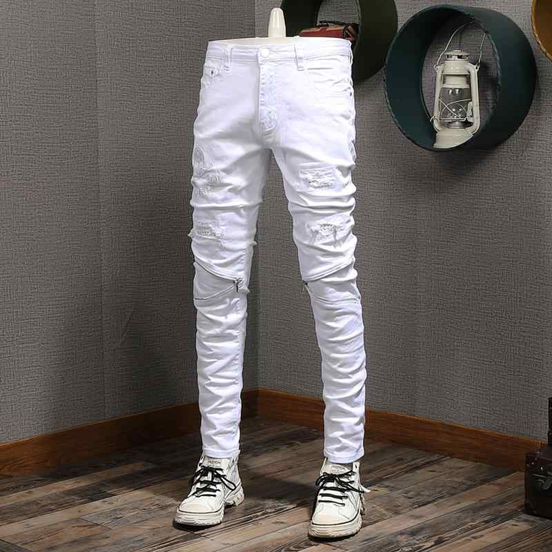 乐天商城 - デニム パンツ メンズ ファッション 服 オシャレ シンプル 大人 かっこいい 大きいサイズ ストリート 紳士服 ホール パッチ デニム パンツ ホワイト コットンストレッチ スリム ストレート パンツ