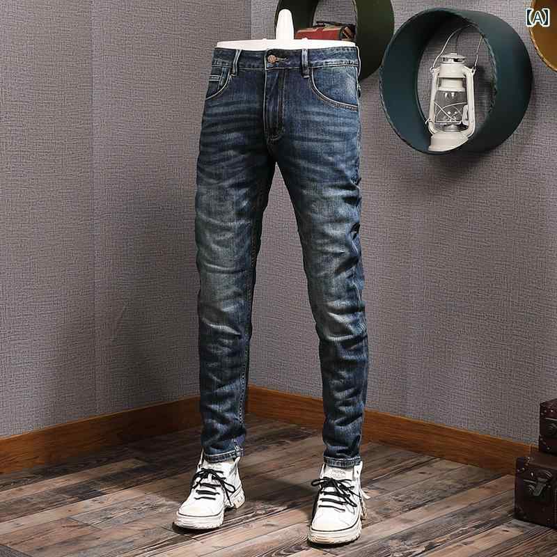 デニム パンツ メンズ ファッション 服 オシャレ シンプル 大人 かっこいい 大きいサイズ ストリート 紳士服 秋冬 アメリカン レトロ ブルー ジーンズ ビジネス カジュアル ウォッシュ スリムフィット 裾 ロング パンツ