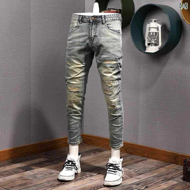 メンズ ファッション 服 オシャレ シンプル 大人 かっこいい 大きいサイズ ストリート 紳士服 夏 リップド パッチ ダメージ 加工 韓国スタイル 九分丈 ジーンズ スリムフィット 裾細