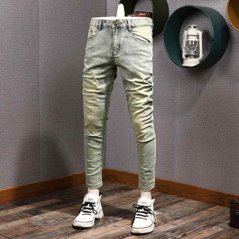 メンズ ファッション 服 オシャレ シンプル 大人 かっこいい 大きいサイズ ストリート 紳士服 ハイエンド ウォッシュ 加工 ライト カラー ジーンズ スリムフィット ストレート レッグ 伸縮性 ストレッチ ストレッチ 春 レトロ 九分丈 パンツ