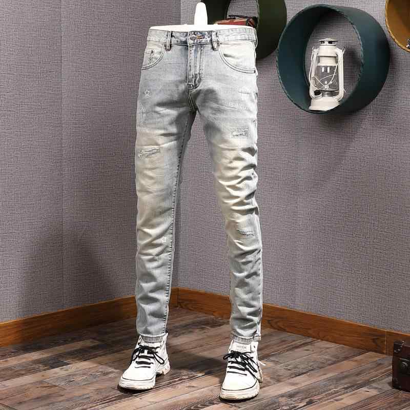 メンズ ファッション 服 オシャレ シンプル 大人 かっこいい 大きいサイズ ストリート 紳士服 春 韓国スタイル リップド パッチ ジーンズ ライト ブルー ダメージ 加工 イエロー エラスティック スリムフィット パンツ