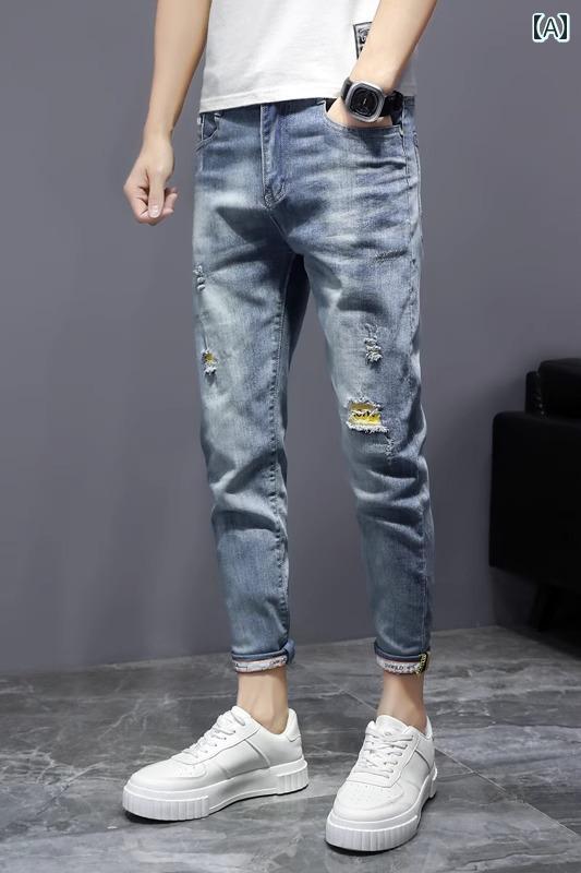 メンズ ファッション 服 オシャレ シンプル 大人 かっこいい 大きいサイズ ストリート 紳士服 淡色 パンツ ジーンズ スリムフィット 裾 夏 パッチ 韓国スタイル カジュアル 九分丈