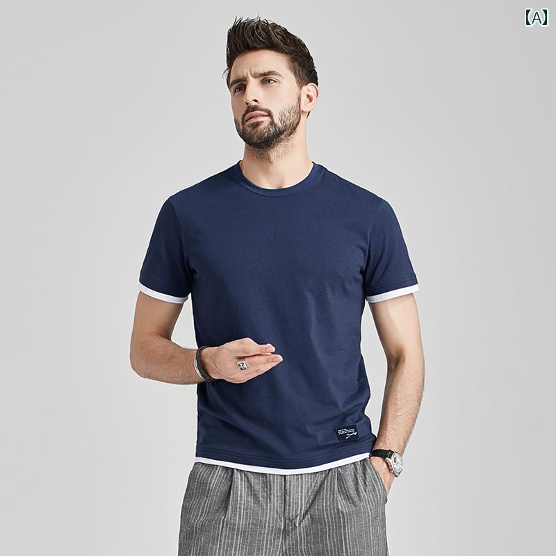 メンズ ファッション 服 オシャレ シンプル 大人 かっこいい 大きいサイズ ストリート 紳士服 夏 ツーピース 綿 半袖 スリム コントラスト トップス カジュアル ラウンドネック T シャツ