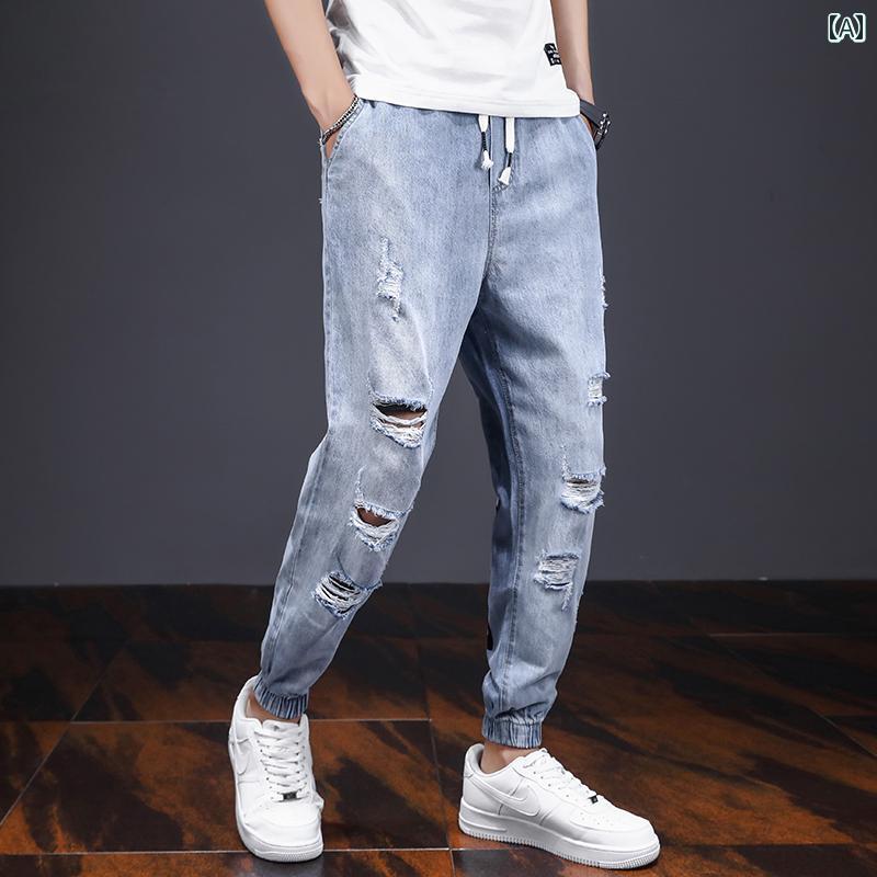 メンズ ファッション 服 オシャレ シンプル 大 かっこいい 大きいサイズ ストリート 紳士服 リップド 九分丈 ジーンズ スリム フィット レッグ 伸縮性 ストレッチ ストレッチ パンツ