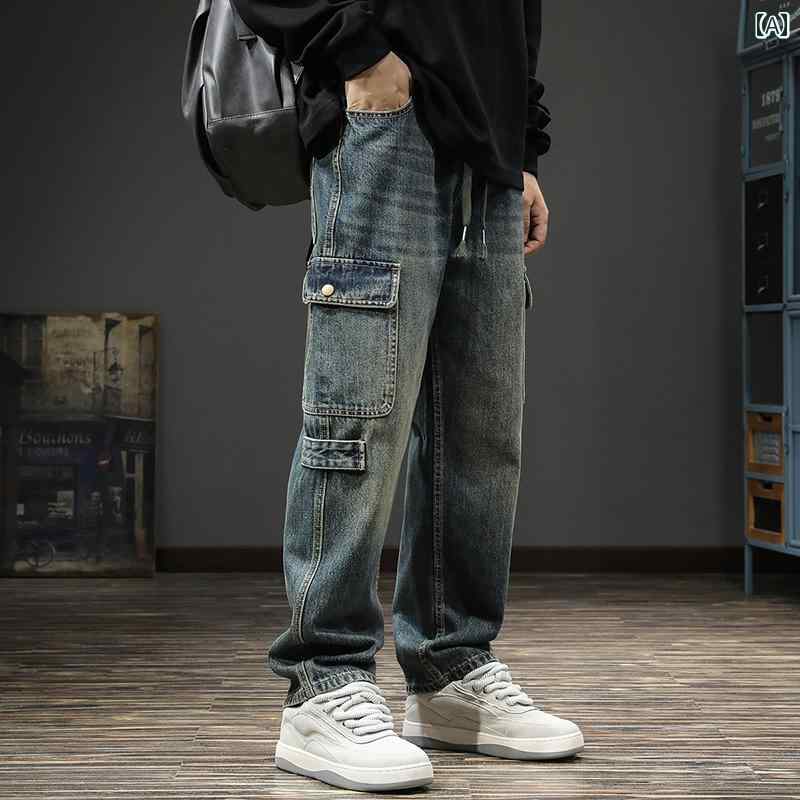 リコットのメンズ ファッション 服 オシャレ シンプル 大 かっこいい 大きいサイズ ストリート 紳士服 レトロ ウォッシュ ストレート ジーンズ ドレープ ワイド レッグ パンツ｜アングル2