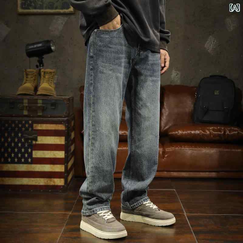 メンズ ファッション 服 オシャレ シンプル 大 かっこいい 大きいサイズ ストリート 紳士服 ジーンズ ストレート アメリカン レトロ ストリート カジュアル オーバー ロング パンツ