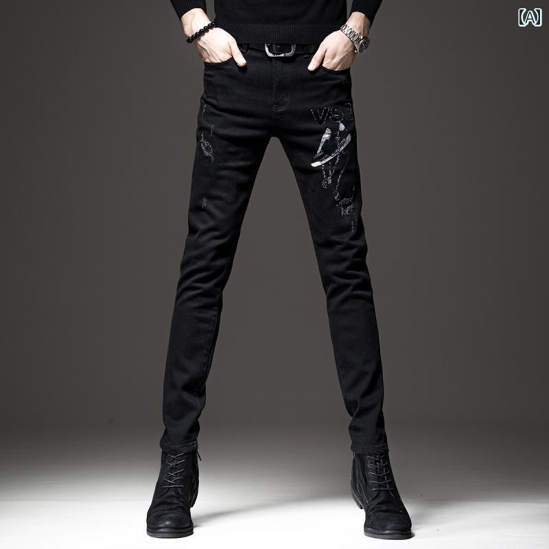 メンズ ファッション 服 オシャレ シンプル 大人 かっこいい 大きいサイズ ストリート 紳士服 ヒップ ホップ スニーカー ジーンズ ハイエンド 黒 スリムフィット プリント カジュアル パンツ