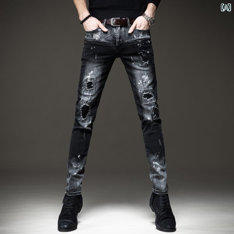 メンズ ファッション 服 オシャレ シンプル 大人 かっこいい 大きいサイズ ストリート 紳士服 アメリカン ストリート 春秋 レトロ ジーンズ スリムフィット 伸縮性 ストレッチ ストレッチ パッチ ロング パンツ