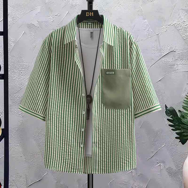 メンズ ファッション 服 オシャレ シンプル 大人 かっこいい 大きいサイズ ストリート 紳士服 半袖 シャツ 夏 薄手 韓国 スタイル ストライプ 冷感 カジュアル シャツ