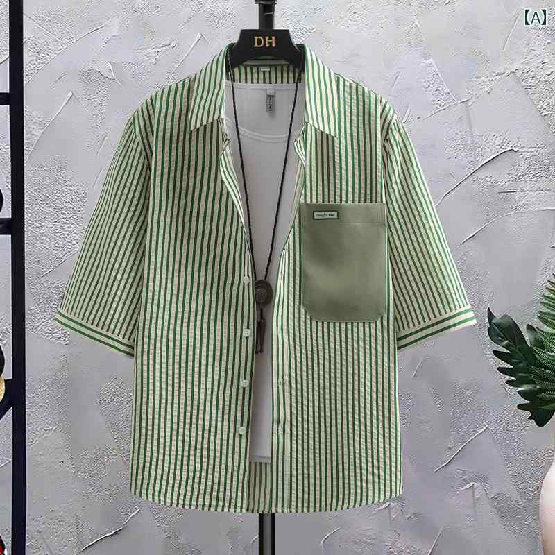 メンズ ファッション 服 オシャレ シンプル 大人 かっこいい 大きいサイズ ストリート 紳士服 半袖 シャツ 夏 薄手 韓国 スタイル ストライプ 冷感 カジュアル シャツ