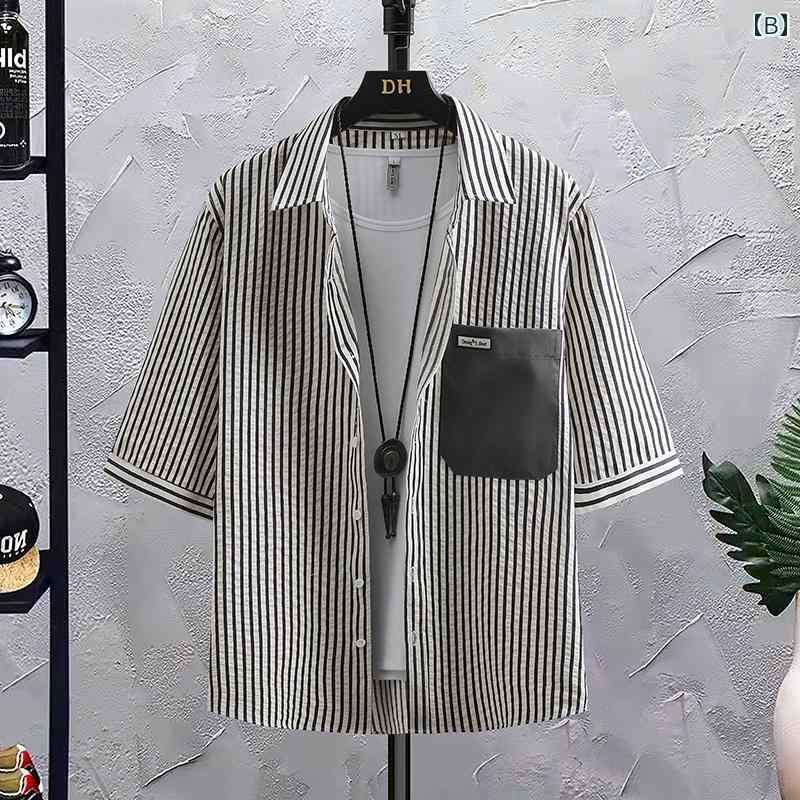 メンズ ファッション 服 オシャレ シンプル 大人 かっこいい 大きいサイズ ストリート 紳士服 半袖 シャツ 夏 薄手 韓国 スタイル ストライプ 冷感 カジュアル シャツ