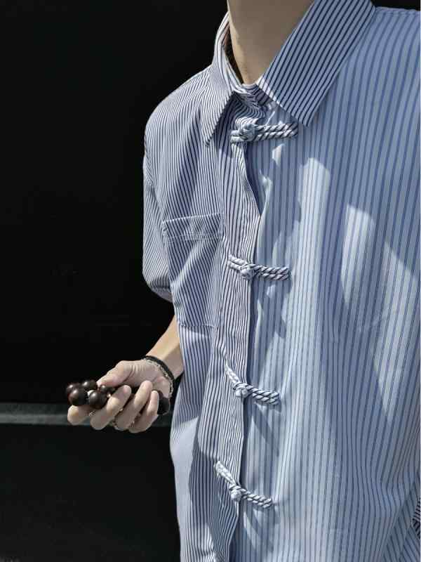 メンズ ファッション 服 オシャレ シンプル 大人 かっこいい 大きいサイズ ストリート 紳士服 夏 ストライプ シャツ バックル 半袖 シ..