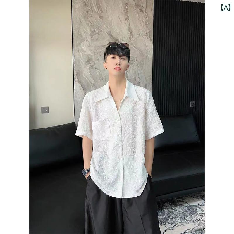 メンズ ファッション 服 オシャレ シンプル 大人 かっこいい 大きいサイズ ストリート 紳士服 夏 ファッション ジャカード ノーアイロン Vネック 半袖 シャツ プリーツ ハーフスリーブ シャツ