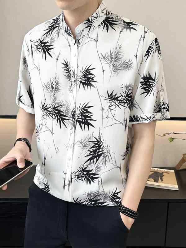 メンズ ファッション 服 オシャレ シンプル 大人 かっこいい 大きいサイズ ストリート 紳士服 夏 薄手 ハーフ マウンテン カラー シャツ 半袖 トップス スタンドカラー 五分袖