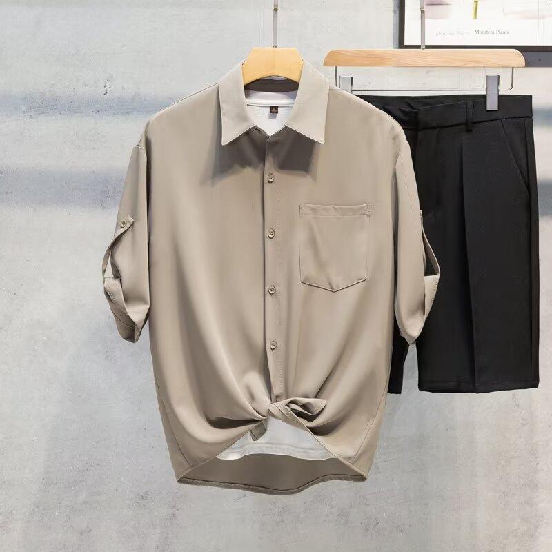 メンズ ファッション 服 オシャレ シンプル 大人 かっこいい 大きいサイズ ストリート 紳士服 夏 韓国 スタイル ライト ブラウンカラー 七分袖 冷感 シャツ ドレープ ハイエンド 半袖