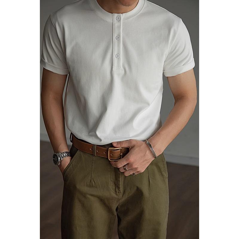 メンズ ファッション 服 オシャレ シンプル 大人 かっこいい 大きいサイズ ストリート 紳士服 夏 アメリカン レトロ タフ ヘンリー カラー 半袖 ヘビー シンプル 無地 トップス 綿 T シャツ
