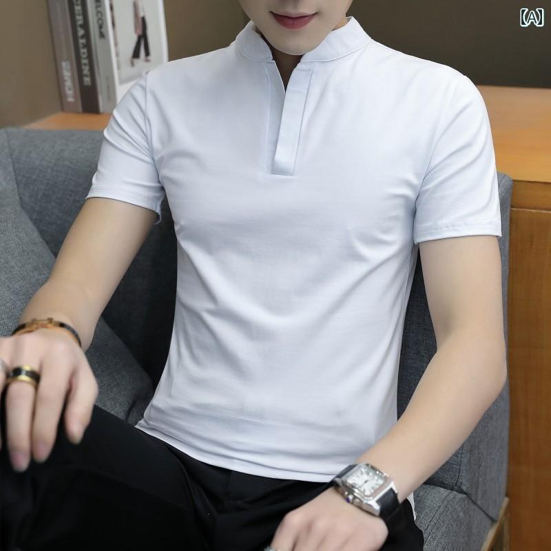 メンズ ファッション 服 オシャレ シンプル 大人 かっこいい 大きいサイズ ストリート 紳士服 ポロ シャツ 半袖 スタンドカラー 夏 スリム Vネック 冷感 コットン T シャツ