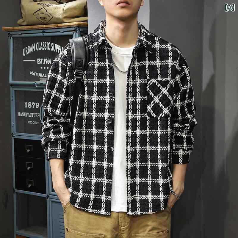メンズ ファッション 服 オシャレ シンプル 大人 かっこいい 大きいサイズ ストリート 紳士服 秋 アメリカン クラシック チェック柄 長袖 シャツ ヘビー シェニール ジャカード ジャケット