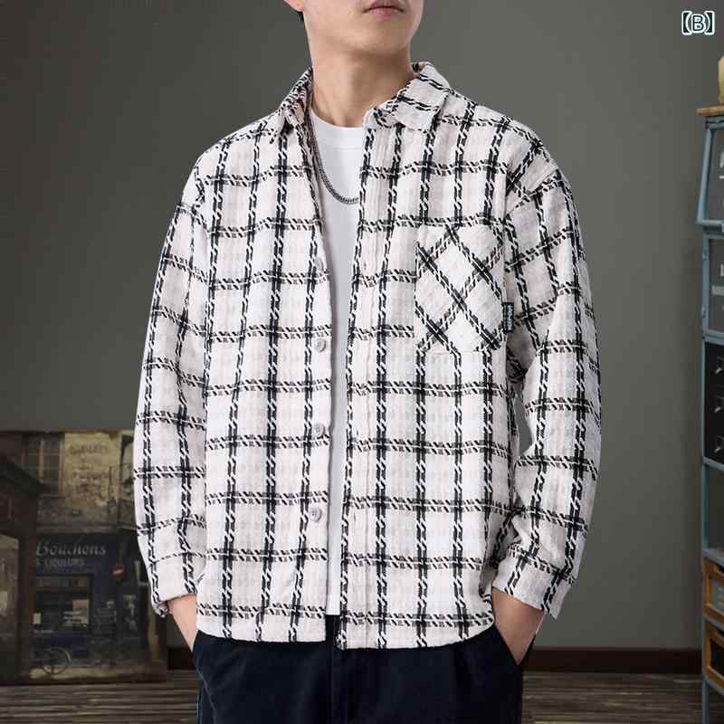 メンズ ファッション 服 オシャレ シンプル 大人 かっこいい 大きいサイズ ストリート 紳士服 秋 アメリカン クラシック チェック柄 長袖 シャツ ヘビー シェニール ジャカード ジャケット
