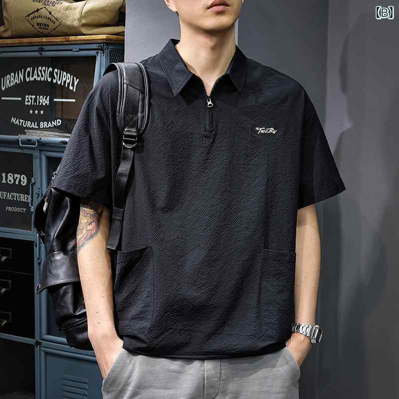 メンズ ファッション 服 オシャレ シンプル 大人 かっこいい 大きいサイズ ストリート 紳士服 アメリカン ハイエンド ジッパー ポロ シャツ アウトドア 速乾 ポケット 半袖 T シャツ 夏 薄手