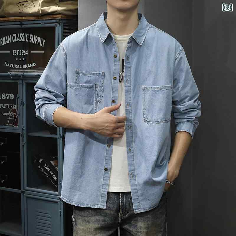 メンズ ファッション 服 オシャレ シンプル 大人 かっこいい 大きいサイズ ストリート 紳士服 アメリカン レトロ ファッション デニム シャツ カジュアル 長袖 シャツ 秋 綿 ワークジャケット コート