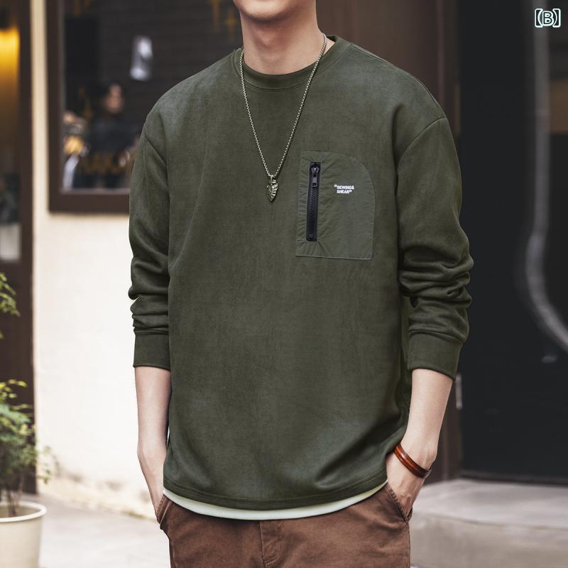 メンズ ファッション 服 オシャレ シンプル 大人 かっこいい 大きいサイズ ストリート 紳士服 アメリカン レトロ スエード 長袖 スウェット シャツ 秋 T シャツ